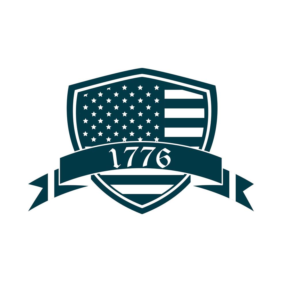 felice giorno dell'indipendenza bandiera americana scudo nastro celebrazione icona stile silhouette vettore
