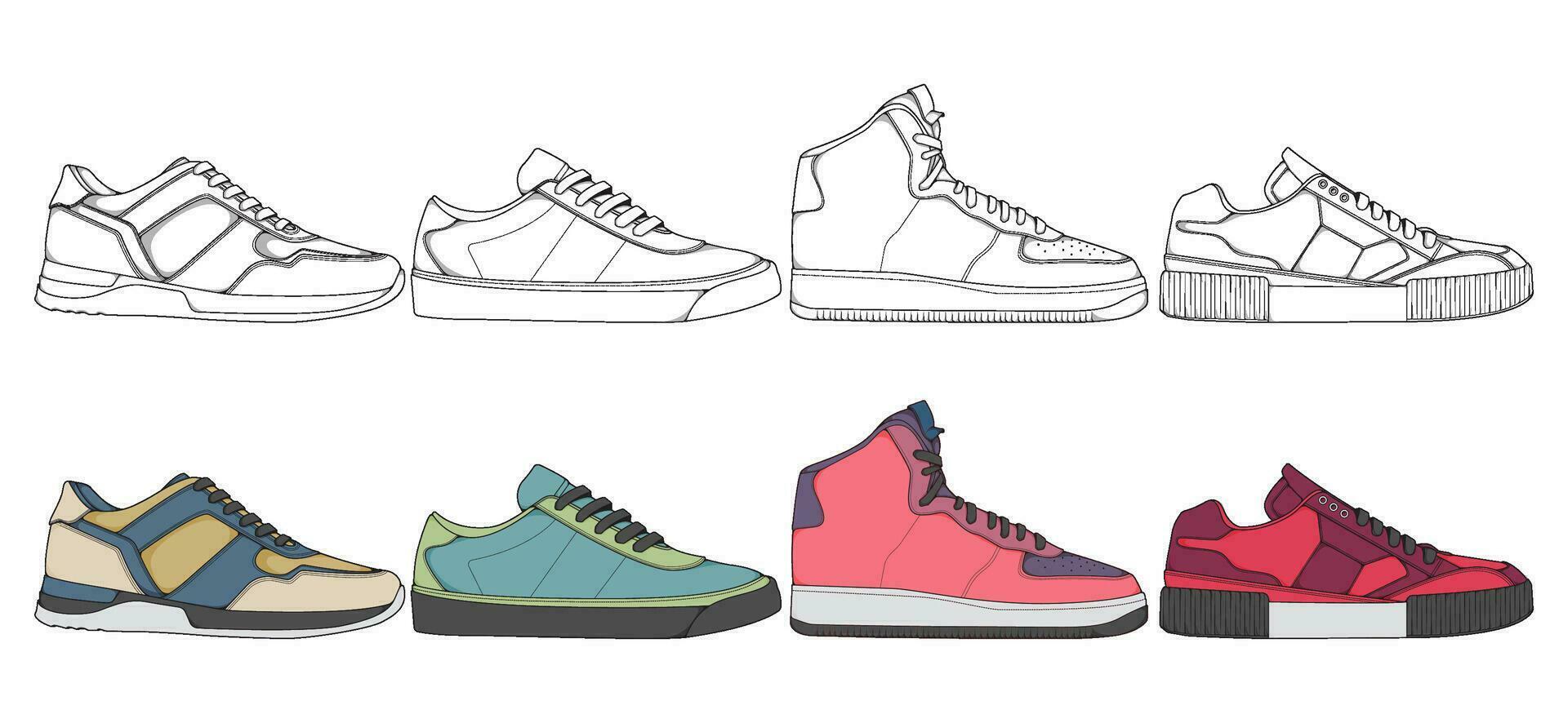 impostato di scarpe sneaker disegno vettore, scarpe da ginnastica disegnato nel un' schizzo stile, impacchettare scarpe da ginnastica formatori modello, vettore illustrazione.