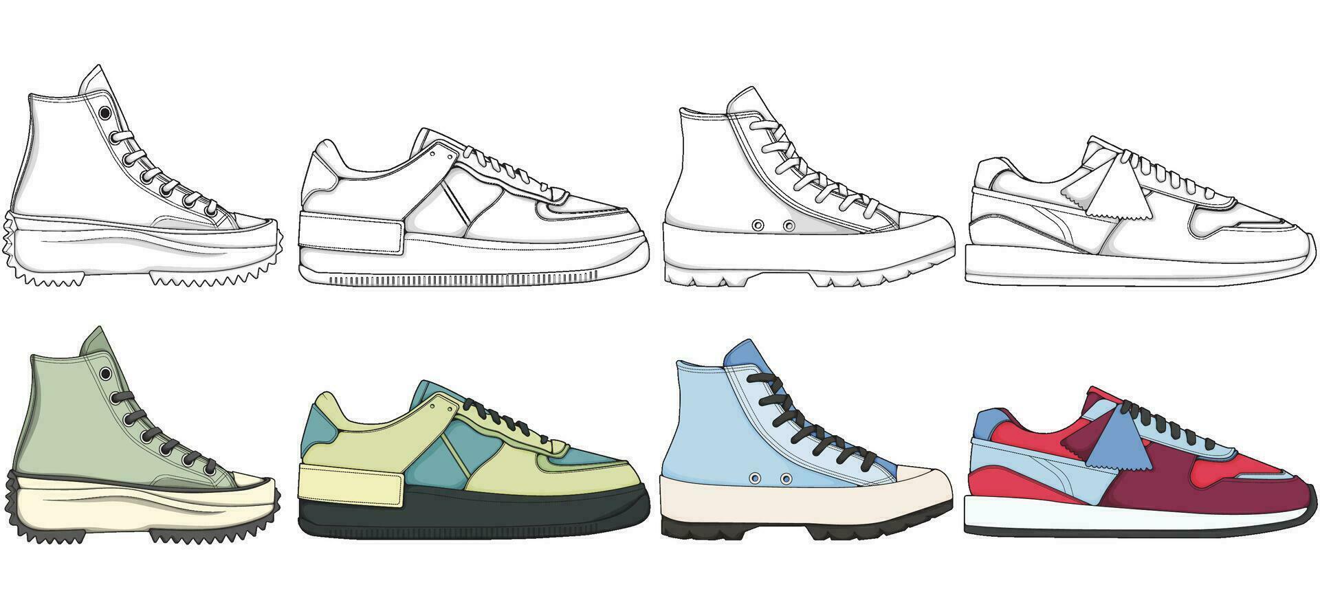 impostato di scarpe sneaker disegno vettore, scarpe da ginnastica disegnato nel un' schizzo stile, impacchettare scarpe da ginnastica formatori modello, vettore illustrazione.