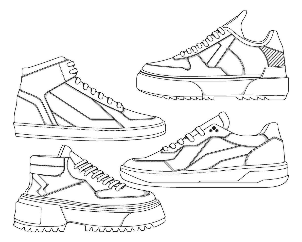 impostato di scarpe sneaker schema disegno vettore, scarpe da ginnastica disegnato nel un' schizzo stile, impacchettare scarpe da ginnastica formatori modello schema, vettore illustrazione.