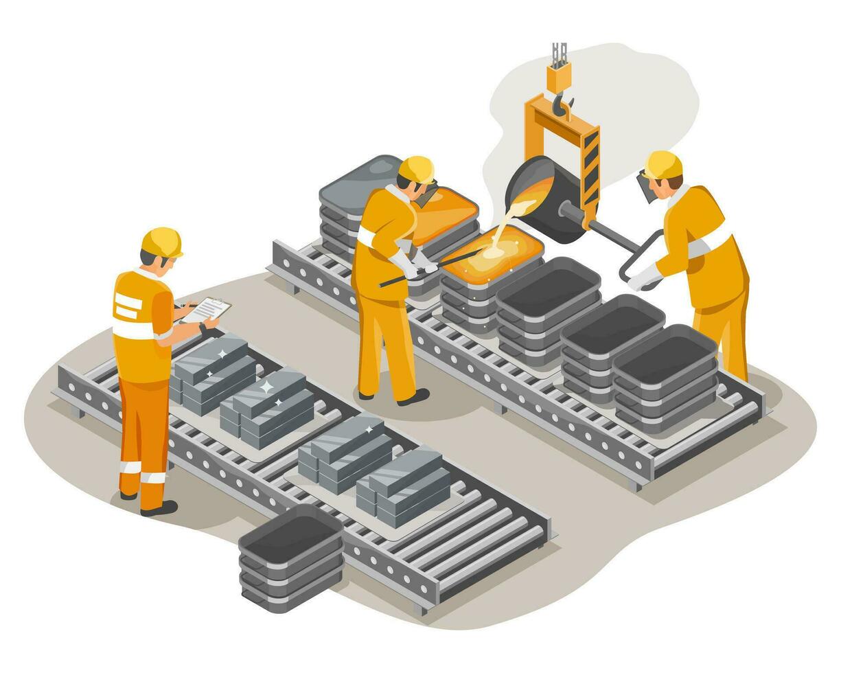 metallo industria acciaio e ferro fabbrica processi lavoratore lavoratore getto metallo giallo suite pericoloso carriera concetto isometrico isolato cartone animato vettore