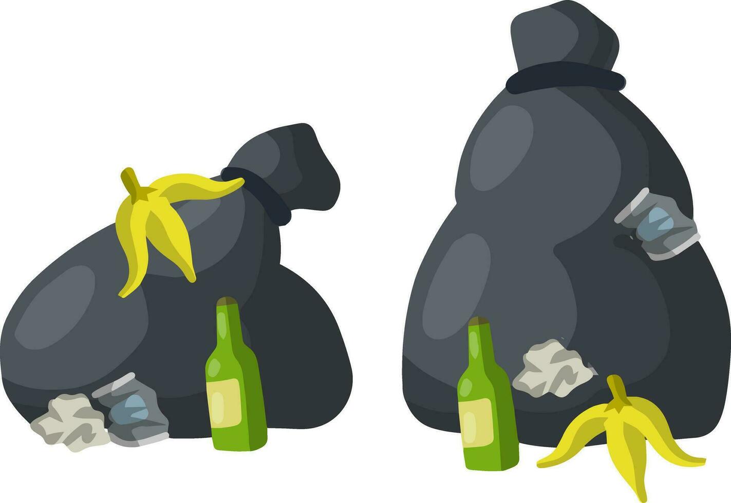 spazzatura Borsa. nero Borsa con spazzatura e Rifiuto. vuoto verde birra bottiglia, Banana sbucciare, barattolo, spiegazzato carta. il problema di disposizione e raccolta differenziata. cartone animato piatto illustrazione. impostato rottame vettore