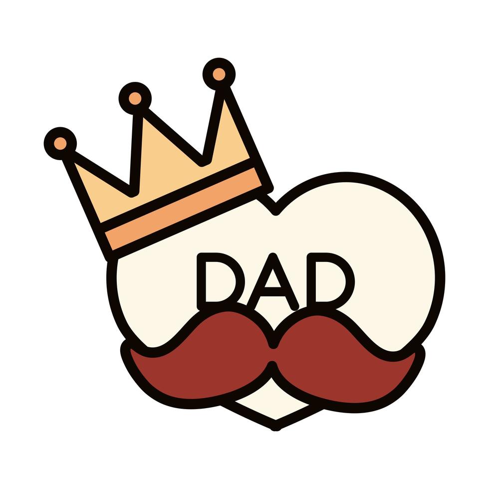 felice festa del papà cuore baffi e corona decorazione celebrazione linea e icona di riempimento vettore