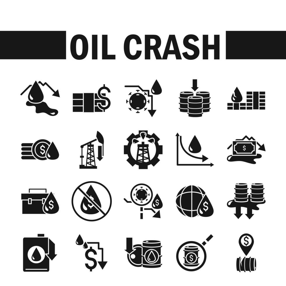 prezzo del petrolio crash crisi economia affari finanziari icone set silhouette icona di stile vettore