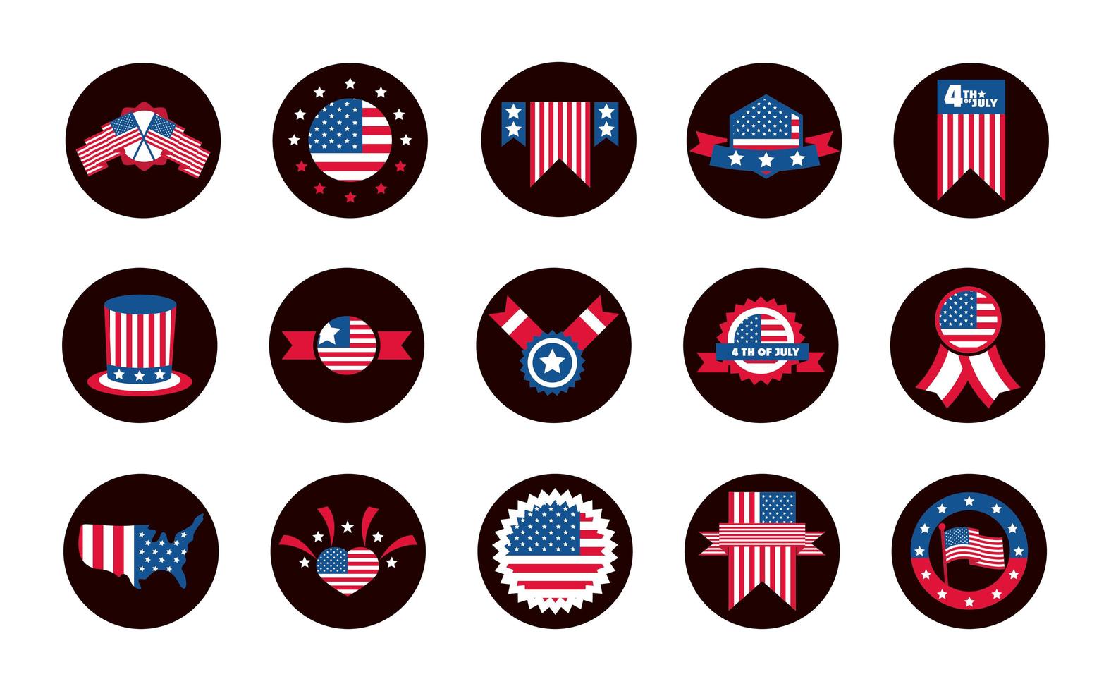 4 luglio festa dell'indipendenza celebrazione onore memoriale bandiera americana icone set blocco e icona di stile piatto vettore