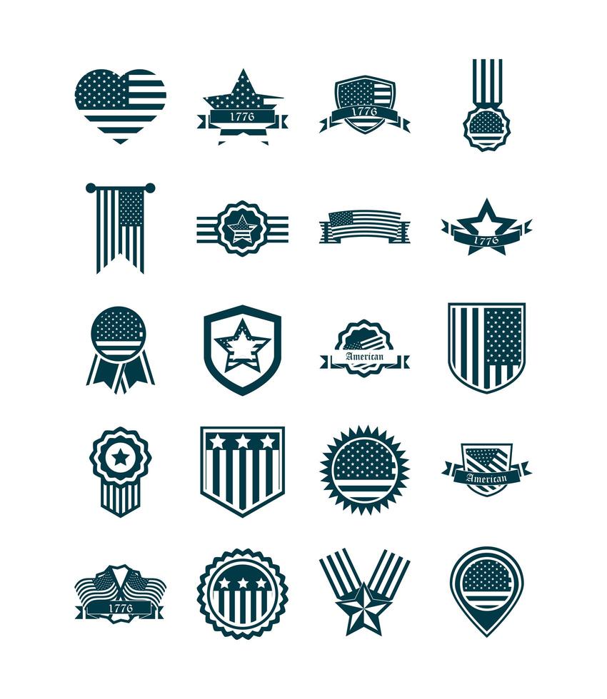 felice giorno dell'indipendenza bandiera americana libertà nazionale patriottismo icone set silhouette style vettore