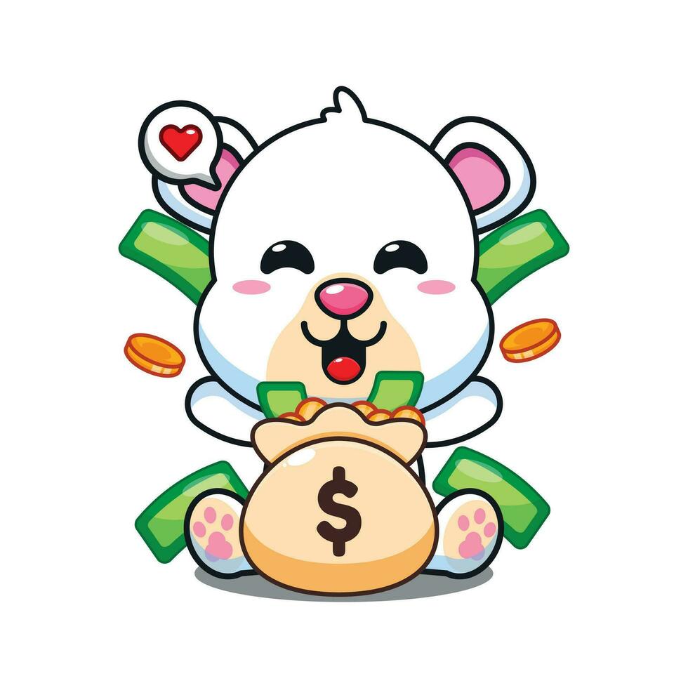 carino polare orso con i soldi Borsa cartone animato vettore illustrazione.