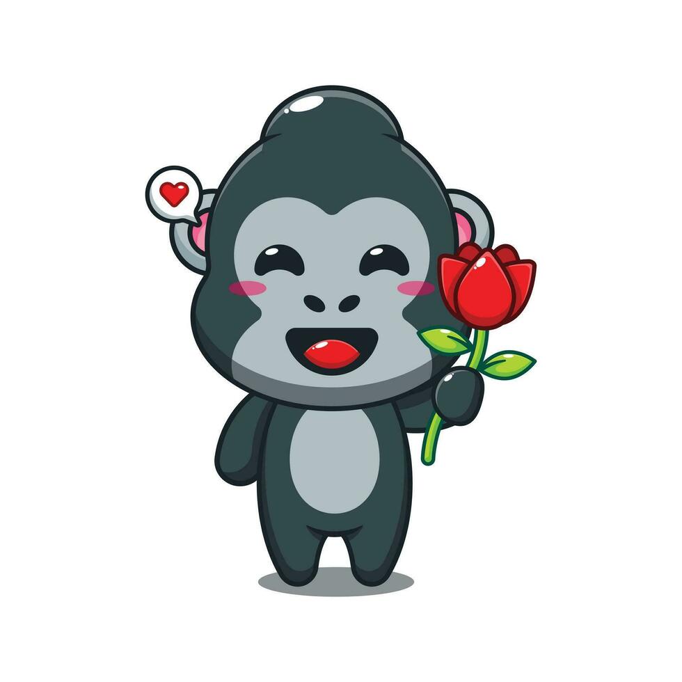 gorilla Tenere rosa fiore cartone animato vettore illustrazione.