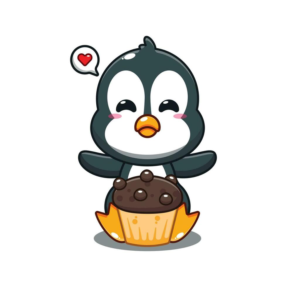 carino pinguino con tazza torta cartone animato vettore illustrazione.