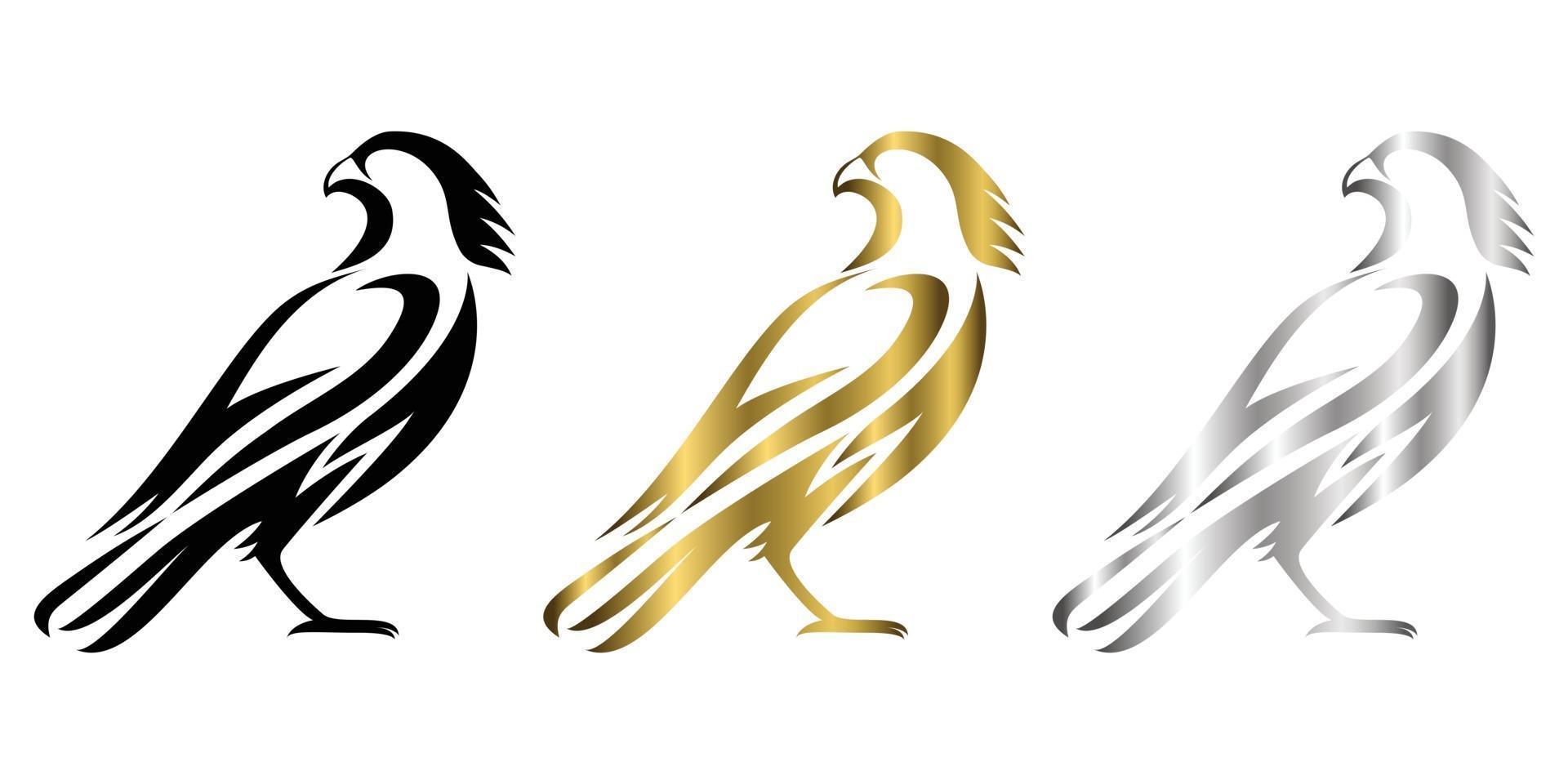 tre colori nero oro argento line art illustrazione vettoriale su sfondo bianco di un falco adatto per fare logo