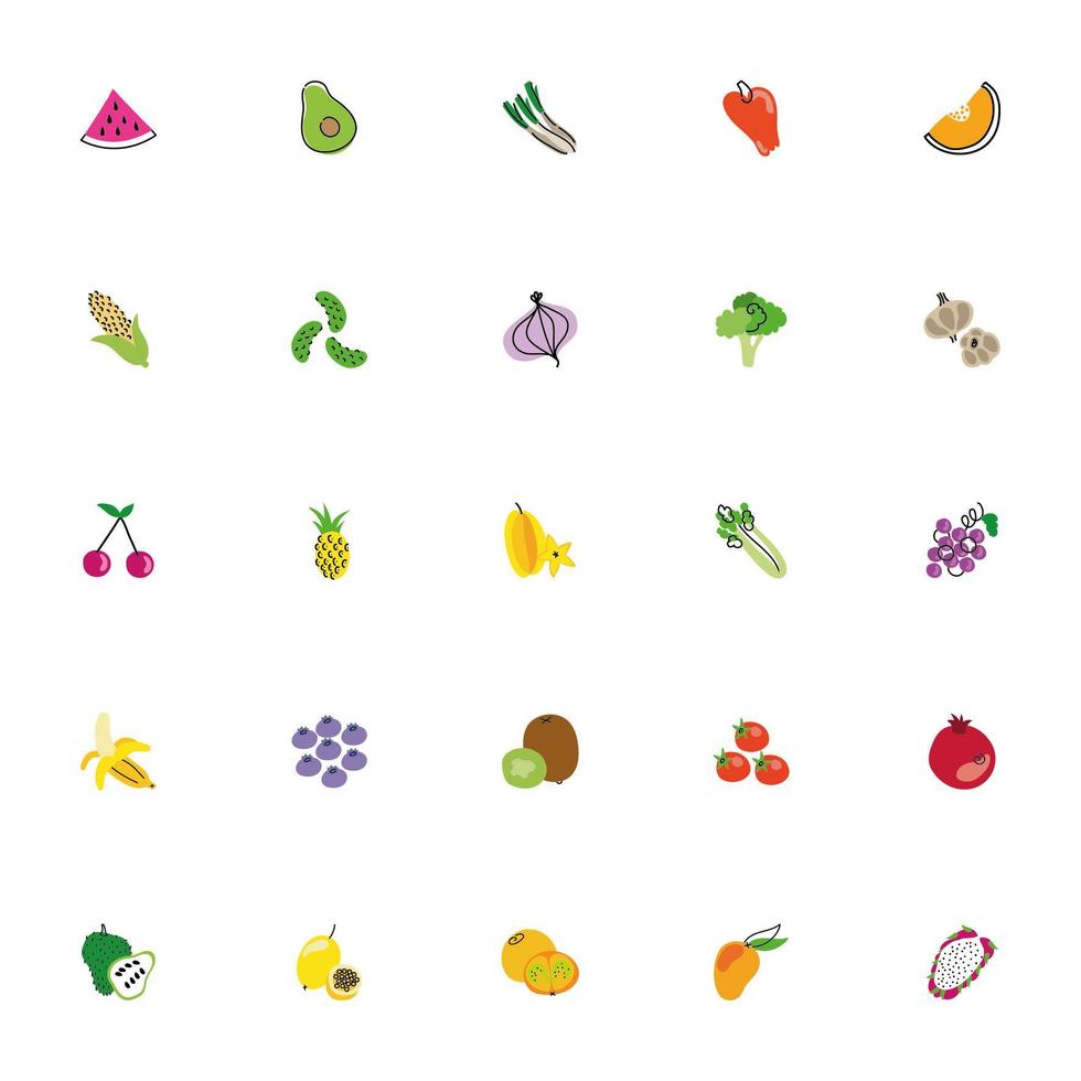 fascio di icone di frutta e verdura vettore