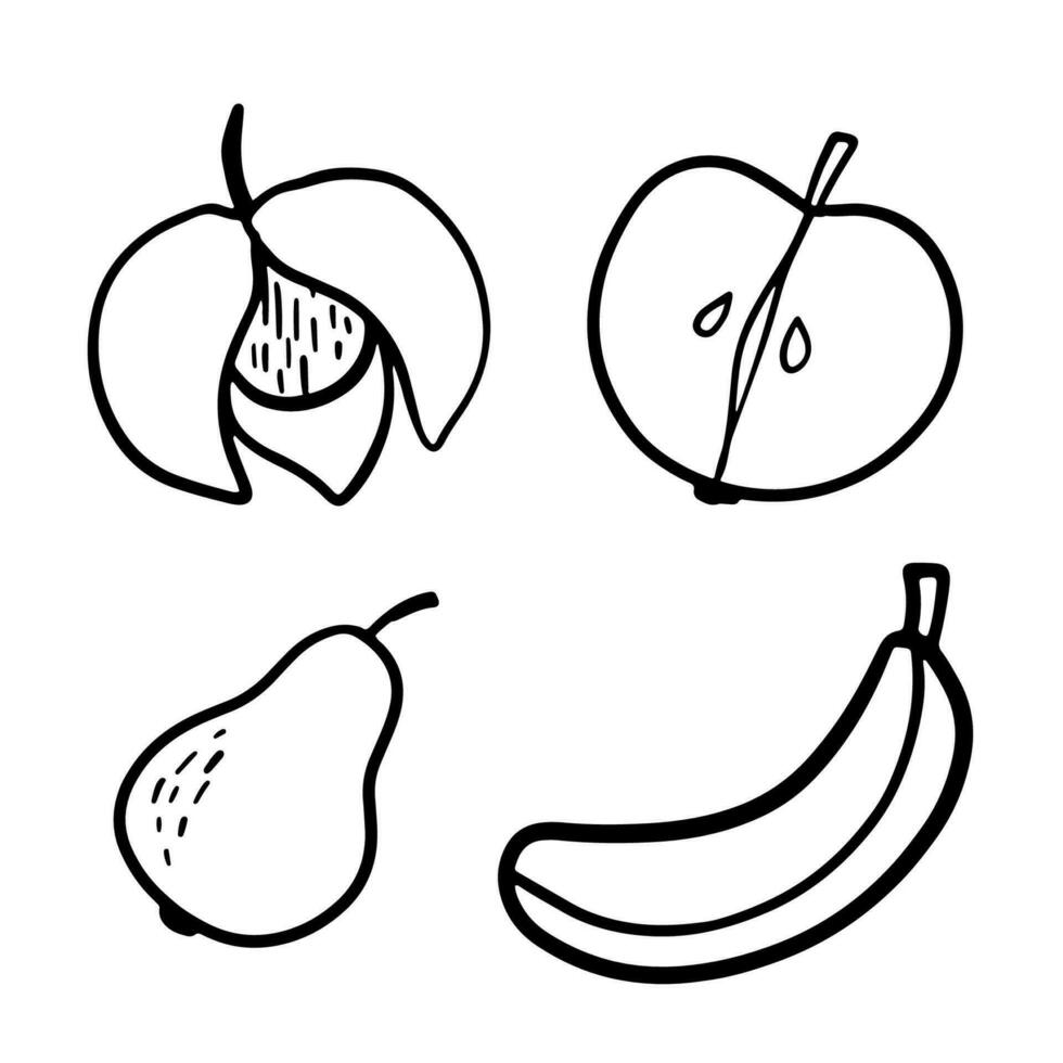 Pera, Mela e Banana scarabocchio illustrazioni. schema carino frutta vettore