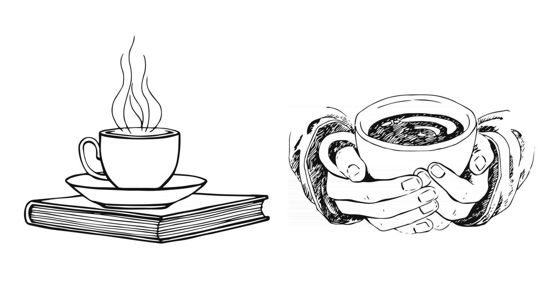 schizzo disegnato a mano delle mani che tengono una tazza di caffè o tè e libro isolato su sfondo bianco. bevanda fresca mattutina isolata su sfondo bianco vettore