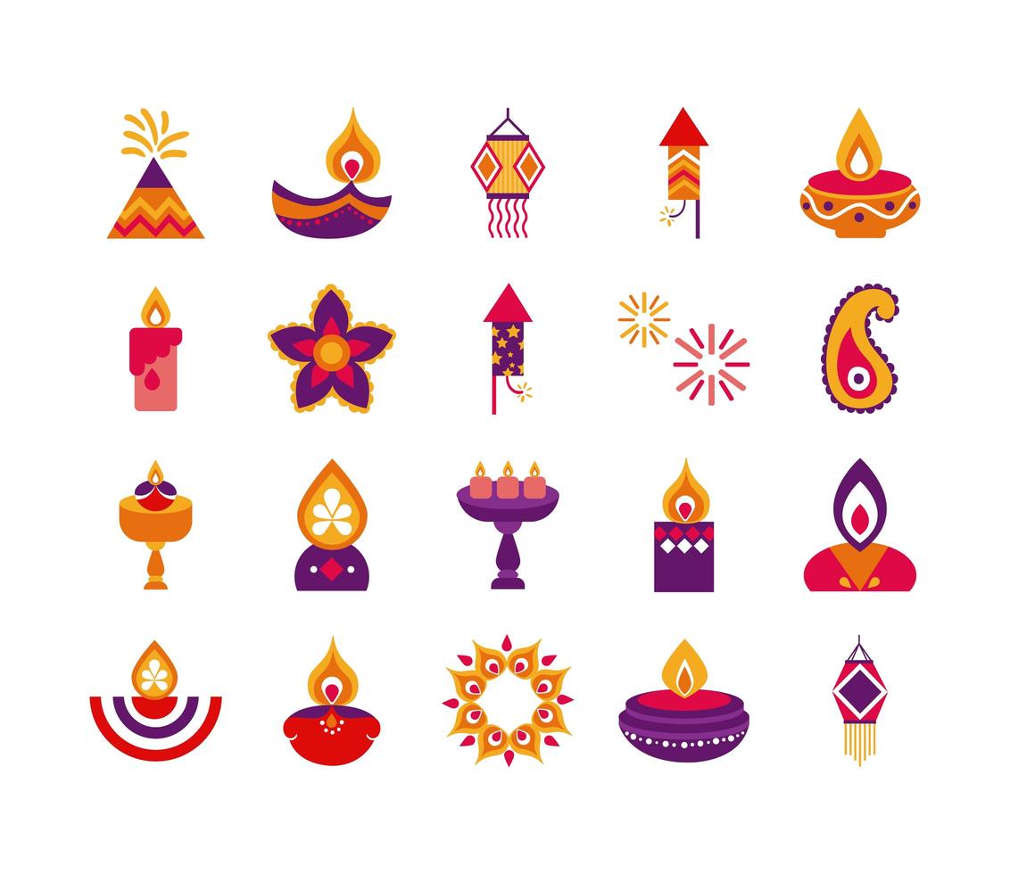 fascio di venti diwali set icone di stile piatto vettore