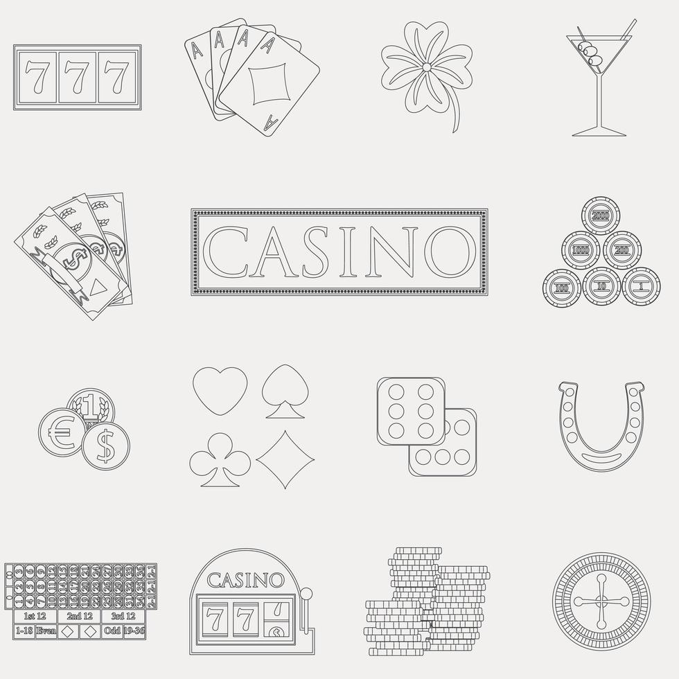 Icone della linea di casinò e gioco d'azzardo impostate con slot machine e roulette, fiches, carte da poker, denaro, dadi, monete, design piatto a ferro di cavallo illustrazione vettoriale