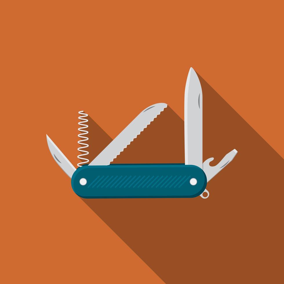 design piatto moderno illustrazione vettoriale di icona di coltello tascabile multifunzionale, attrezzatura da campeggio e da trekking con lunga ombra