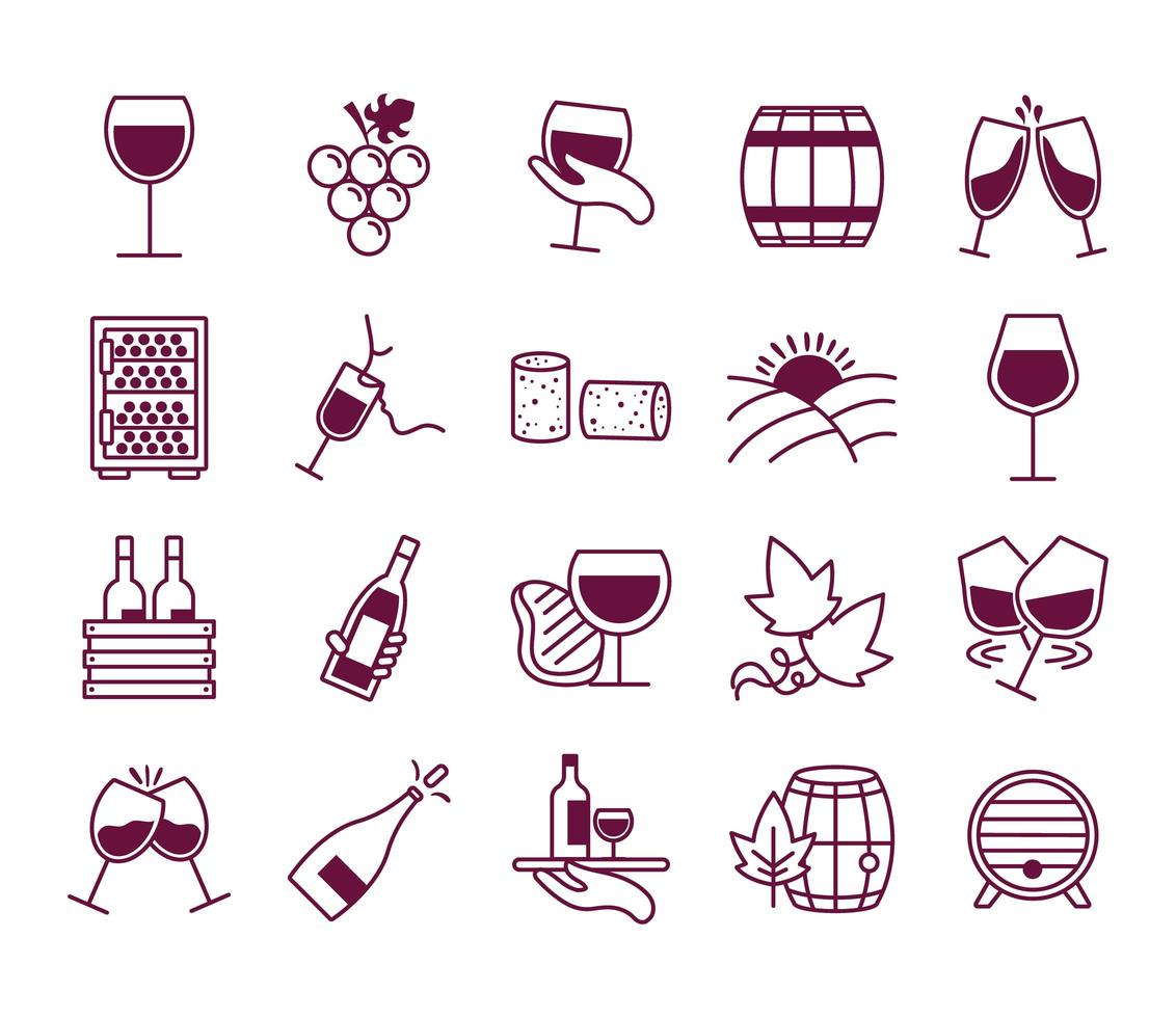 fascio di venti icone di raccolta di set di vini vettore
