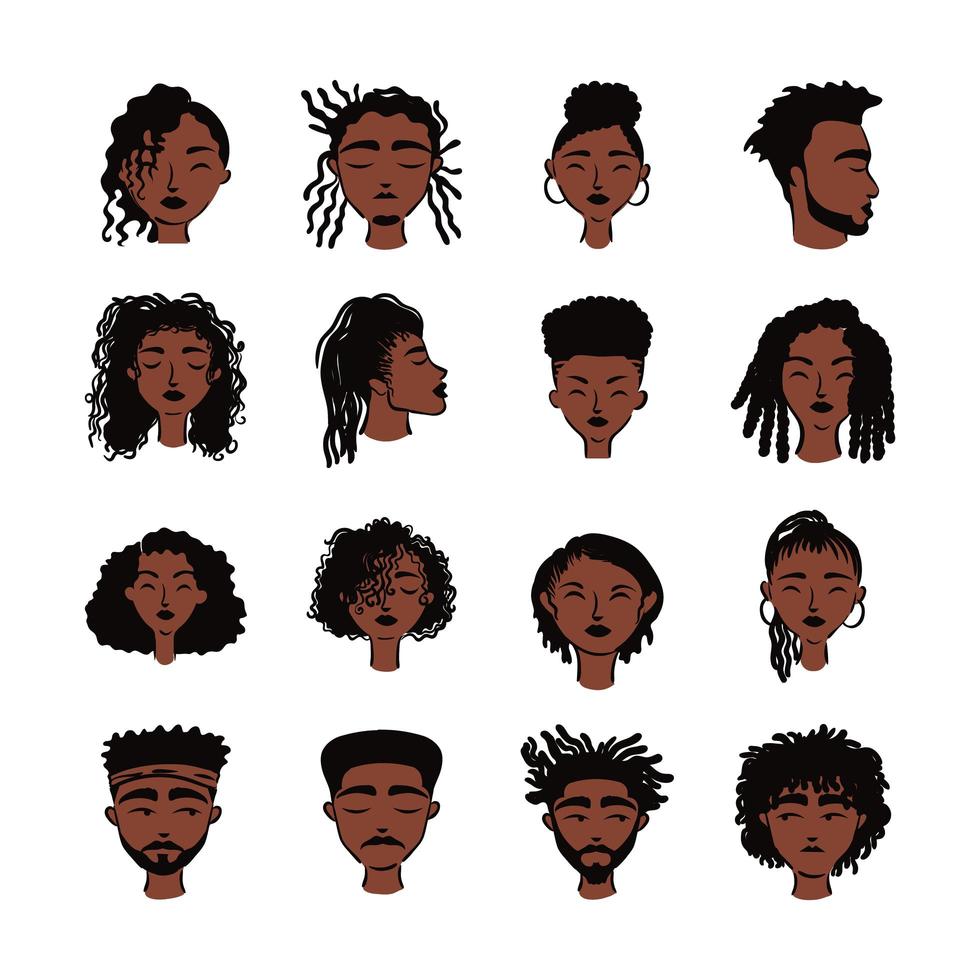 gruppo di sedici personaggi di avatar di persone etniche afro vettore