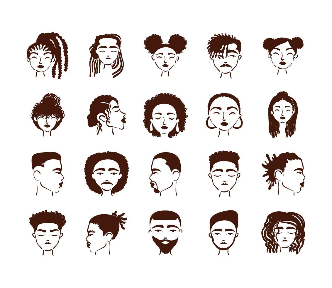 gruppo di venti personaggi di avatar di persone etniche afro vettore