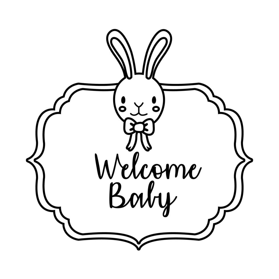 carta cornice baby shower con coniglio e benvenuto baby lettering stile linea vettore