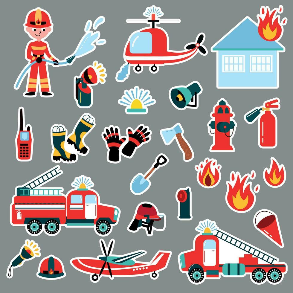 pompiere adesivi impostare. disegnato stile. pompiere, fuoco camion, elicottero, aereo, casco, torcia elettrica, Casa, fuoco. vettore