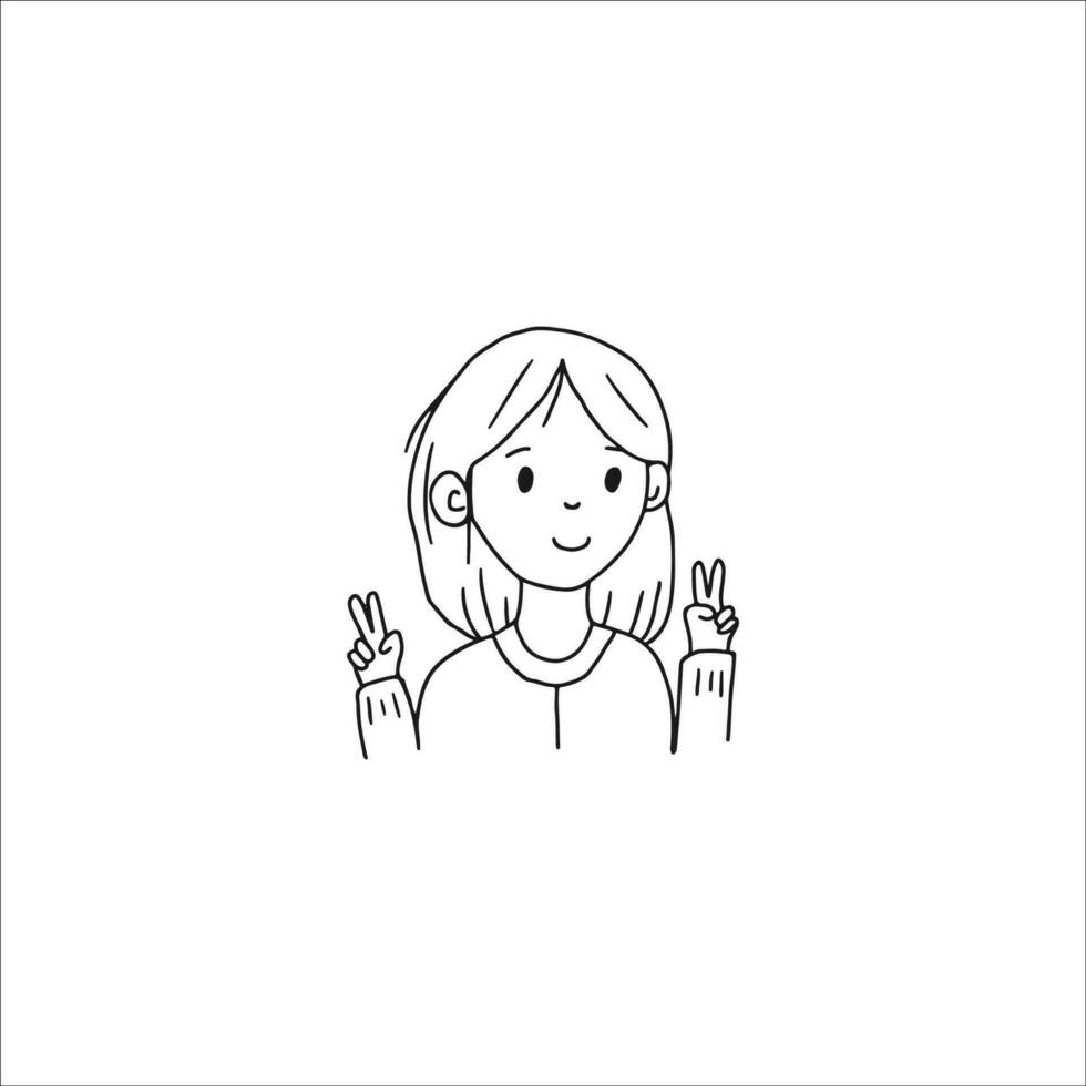 carino ragazza sorridente mostrando Due dita gesto logo bandiera mano disegnato scarabocchio arte illustrazione vettore