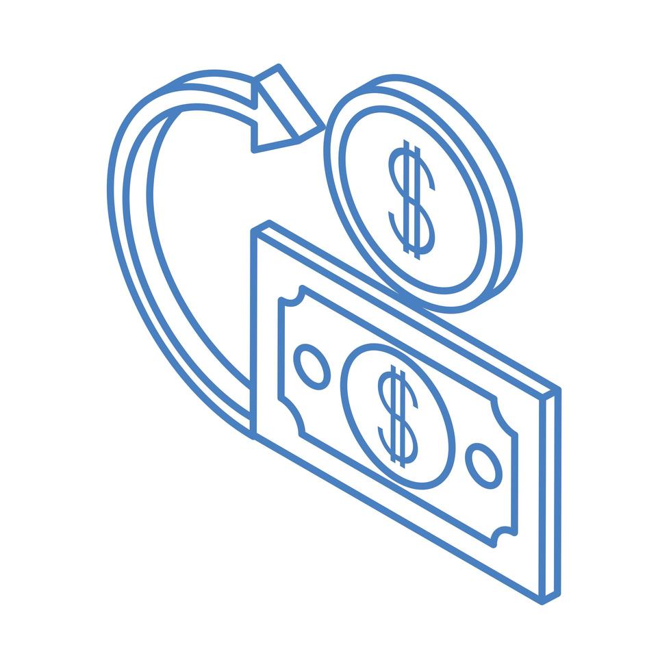 denaro isometrica contanti valuta banconota cambio moneta isolato su sfondo bianco lineare icona blu vettore