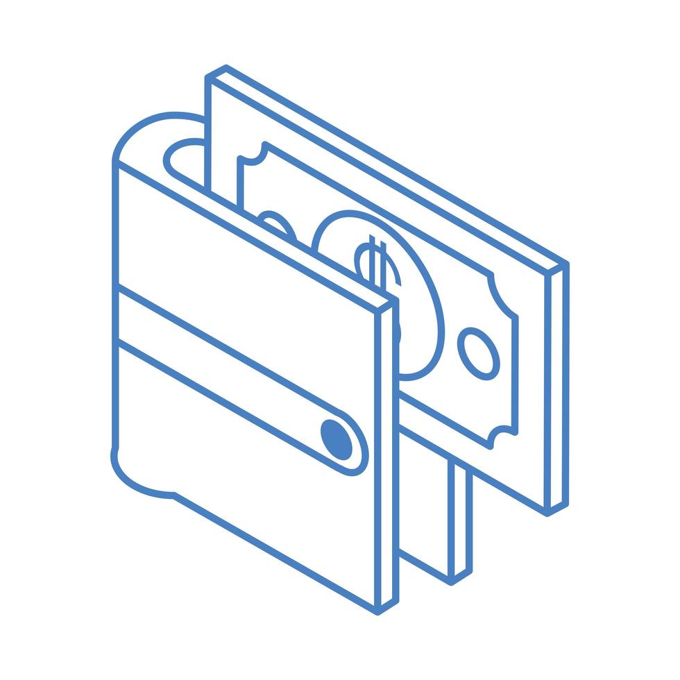 portafoglio isometrico denaro contanti valuta con banconota isolato su sfondo bianco icona blu lineare vettore