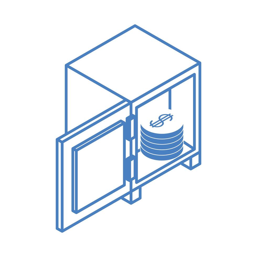 soldi isometrica contanti valuta aperta cassetta di sicurezza monete guadagno isolato su sfondo bianco lineare icona blu vettore