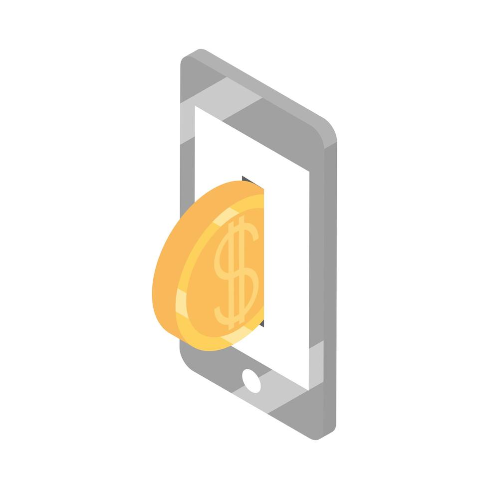 moneta isometrica denaro contanti valuta smartphone isolato su sfondo bianco icona piatta vettore