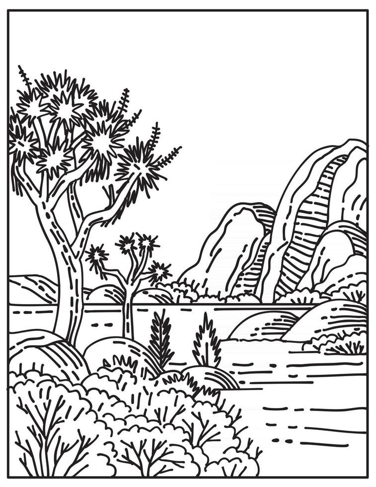 aspre formazioni rocciose e aspri paesaggi desertici nel parco nazionale di joshua tree in california stati uniti linea mono o monoline in bianco e nero line art vettore
