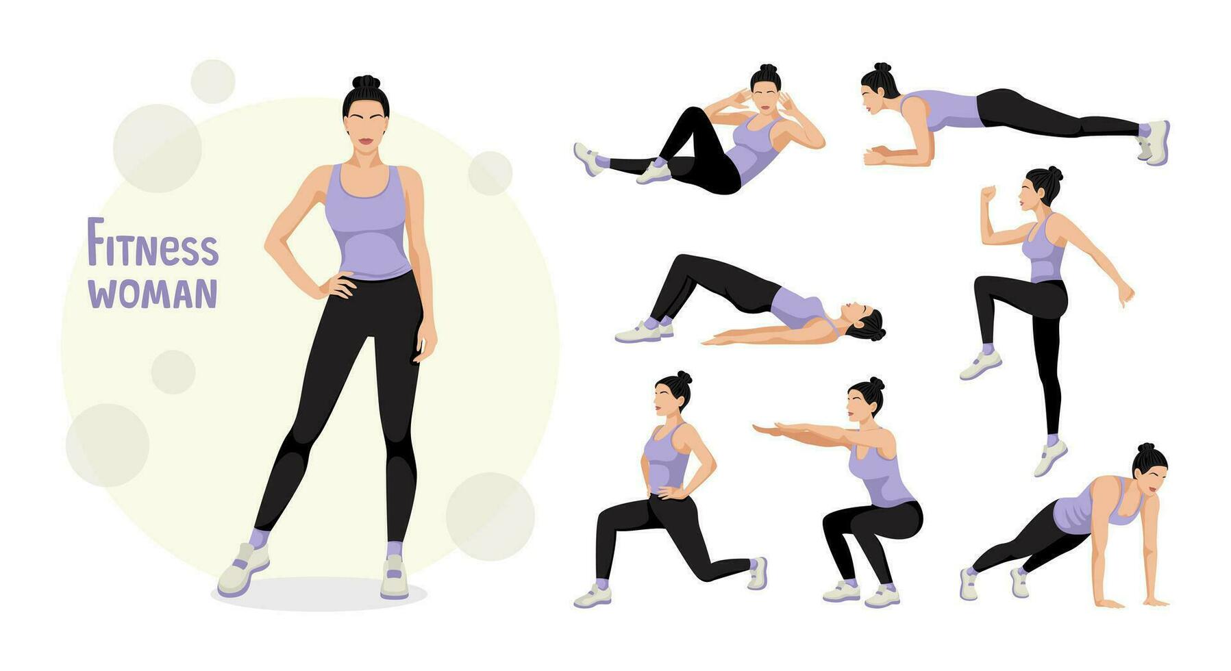 fitness donna. un' impostato di esercizi per donne. affondi, sollevamento, squat, tavole. corpo allenamento. il concetto di un attivo e salutare vita. vettore illustrazione isolato su bianca sfondo