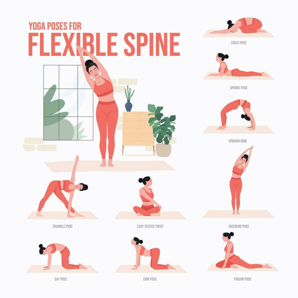 yoga pose per flessibile colonna vertebrale. giovane donna praticante yoga posa. donna allenarsi fitness, aerobico e esercizi vettore