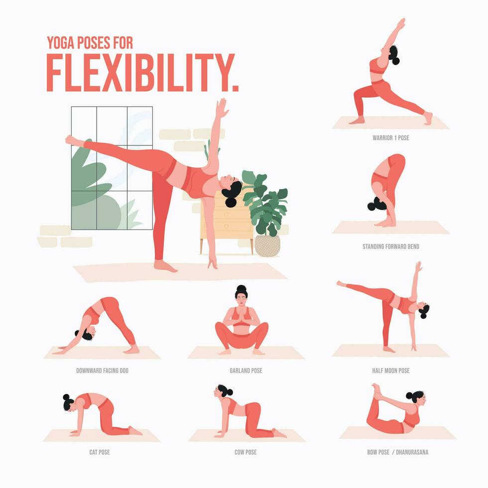 yoga pose per flessibilità. giovane donna praticante yoga posa. donna allenarsi fitness, aerobico e esercizi vettore