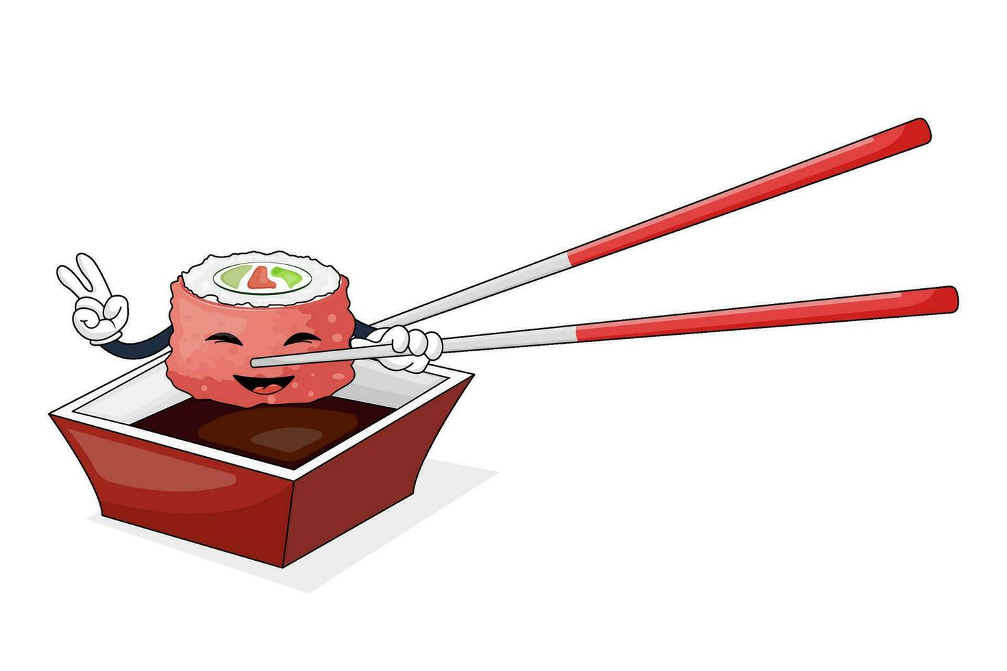 allegro carino rotoli con un' sorridente viso e un' ciotola di salsa. piatti di giapponese tradizionale cucina. vettore
