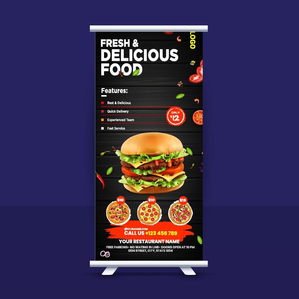 idea di design banner roll up fast food gratuito per ristorante vettore