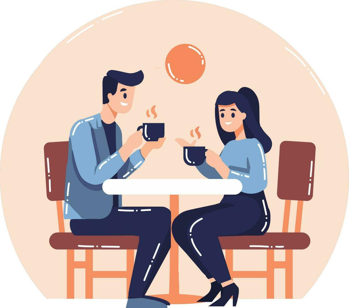mano disegnato coppia personaggi seduta e potabile caffè nel piatto stile vettore