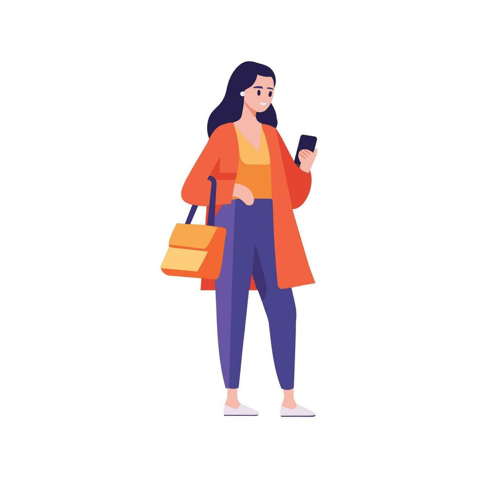 mano disegnato donna a piedi con smartphone nel piatto stile vettore