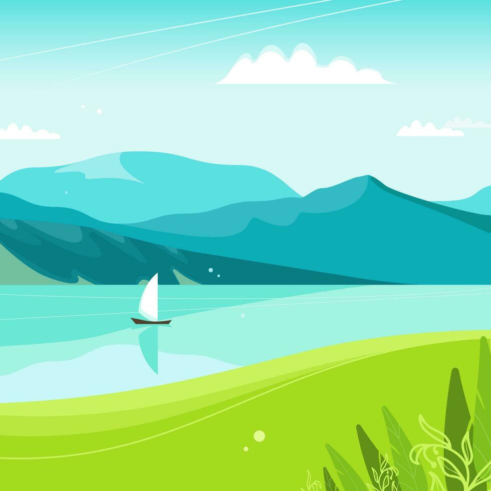 bellissimo estate paesaggio. montagne e acqua. blu cielo con nuvole. azzurro specchio acqua superficie di lago fiume e montagne. bianca barca a vela. illustrazione per sfondo, sito web, manifesti, cartoline. vettore