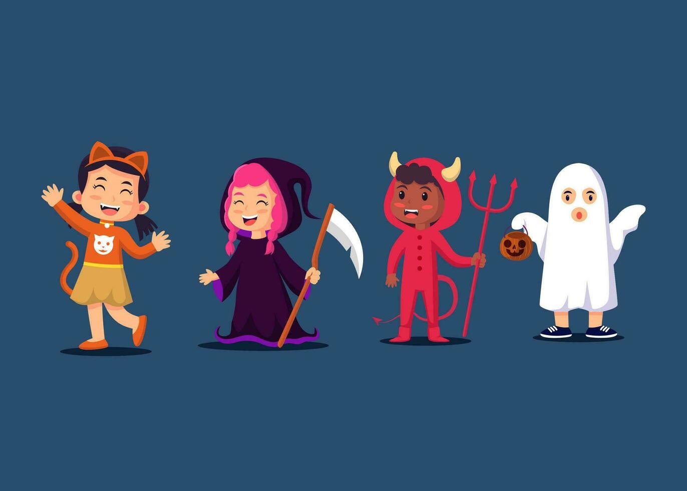 Halloween bambini personaggio impostare. bambini nel colorato Halloween costumi. gatto, truce mietitrice, diavolo, fantasma. vettore eps 10