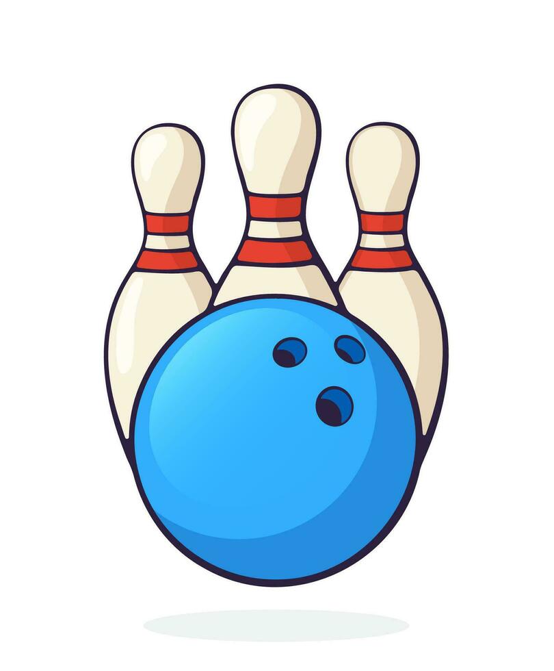 cartone animato illustrazione di blu bowling palla e perni vettore