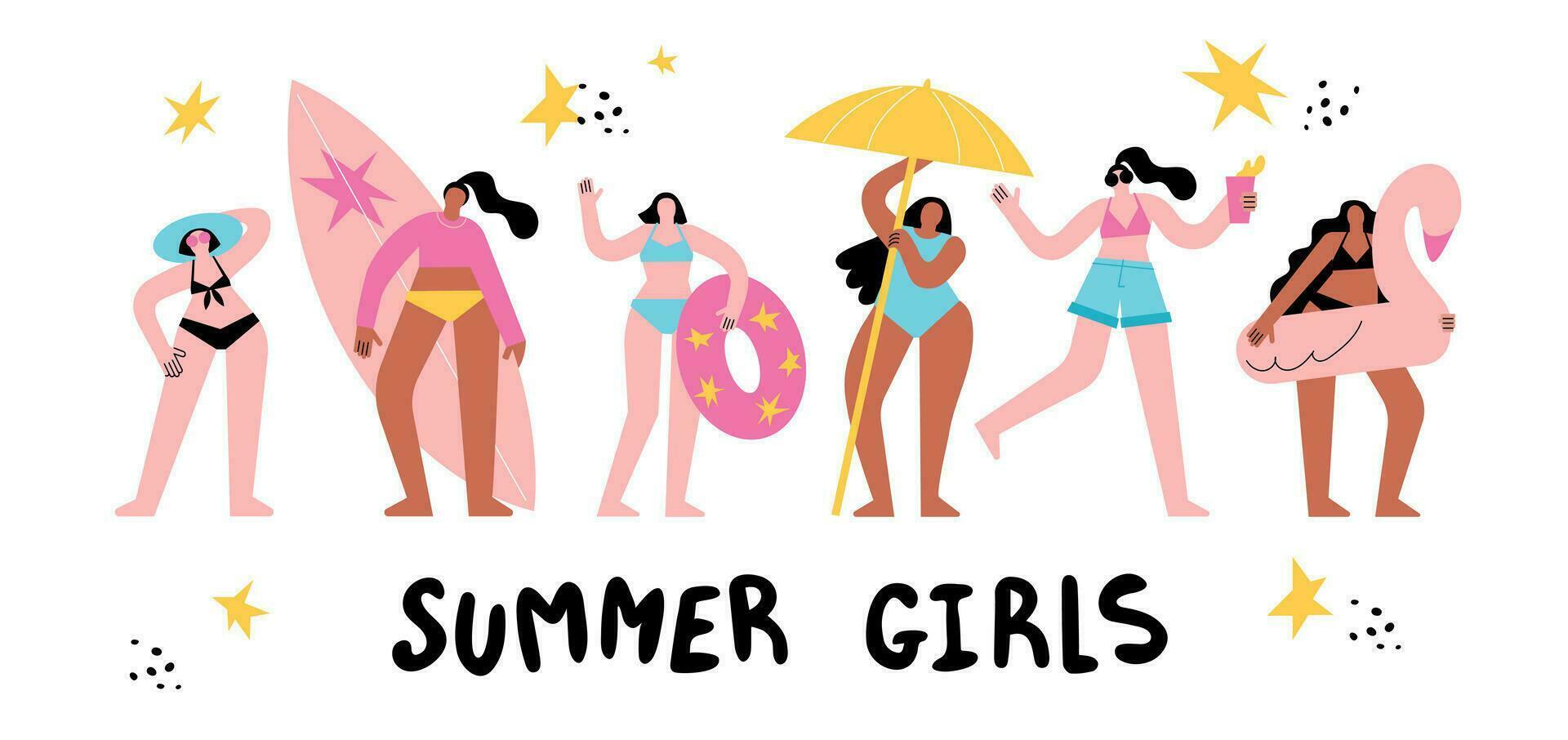 un' impostato di estate ragazze. bellissimo giovane e carino ragazze avere divertimento e rilassare nel estate su il spiaggia nel un' costume da bagno vettore