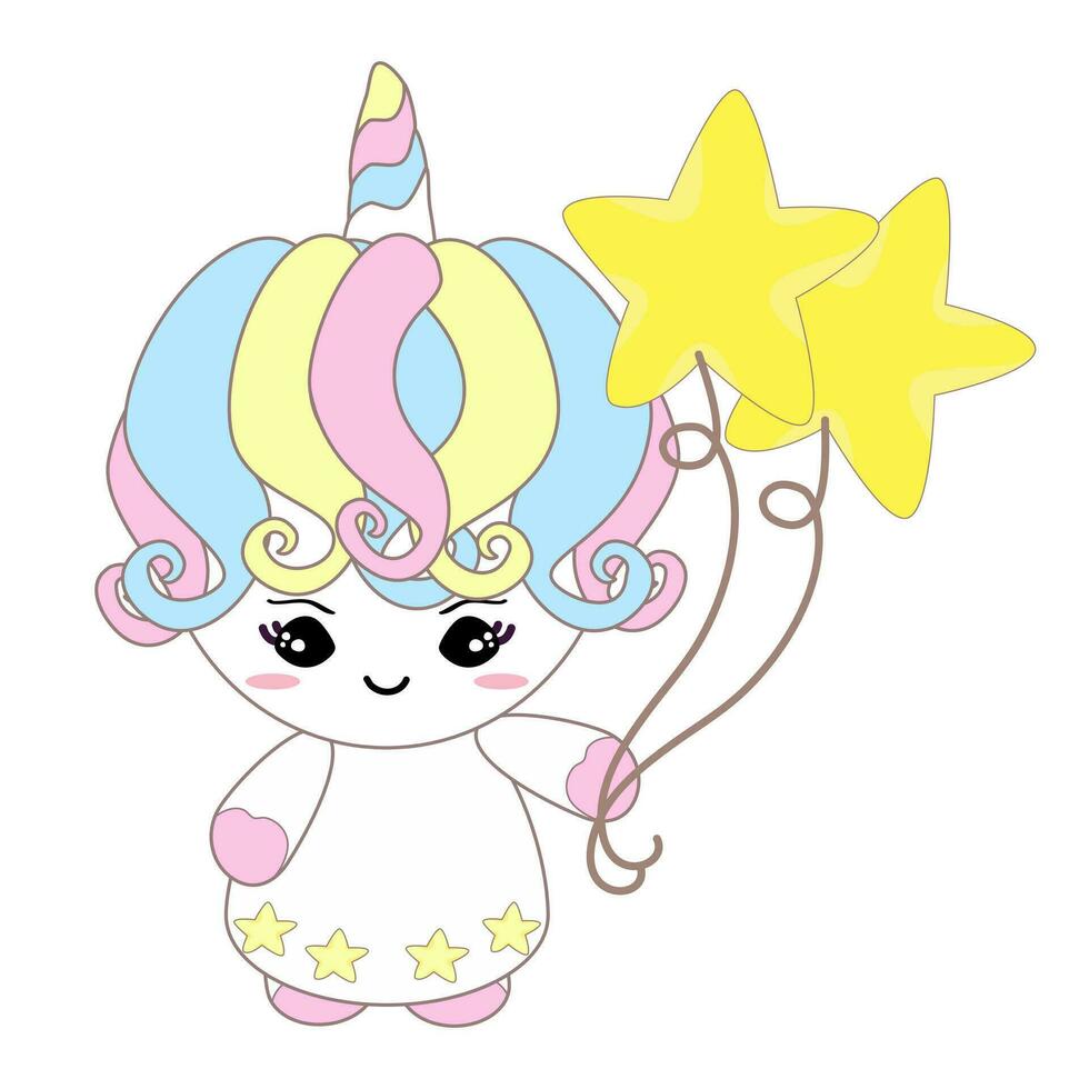 unicorno con stella palloncini. bambino unicorno cartone animato personaggio sfondo per contento compleanno carta, bambino doccia. isolato vettore illustrazione .