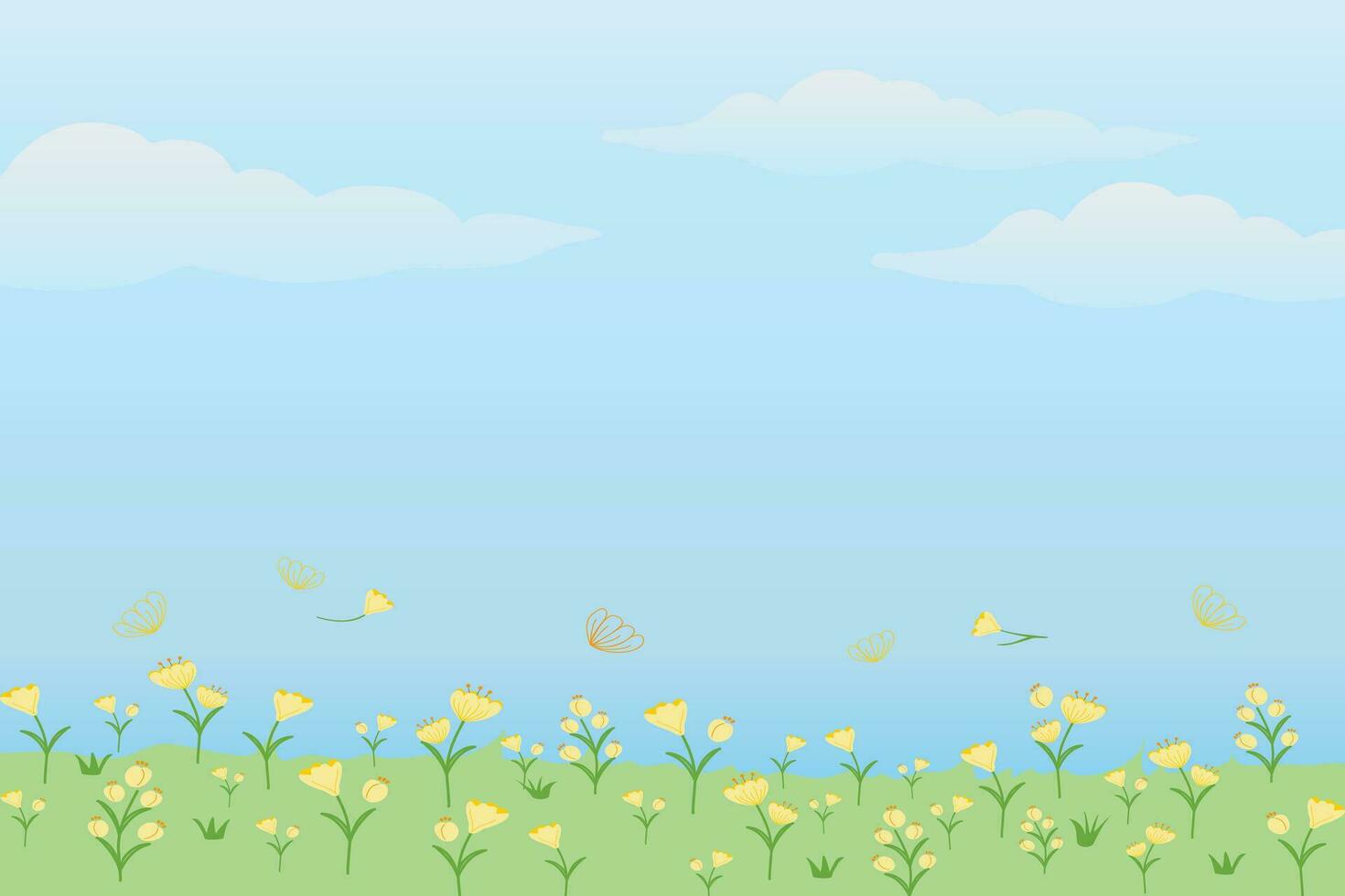 paesaggio con fiori e blu cielo con nube cartone animato sfondo vettore illustrazione. estate primavera sfondo ,manifesto, scuola, estate vacanza, contadino mercato.