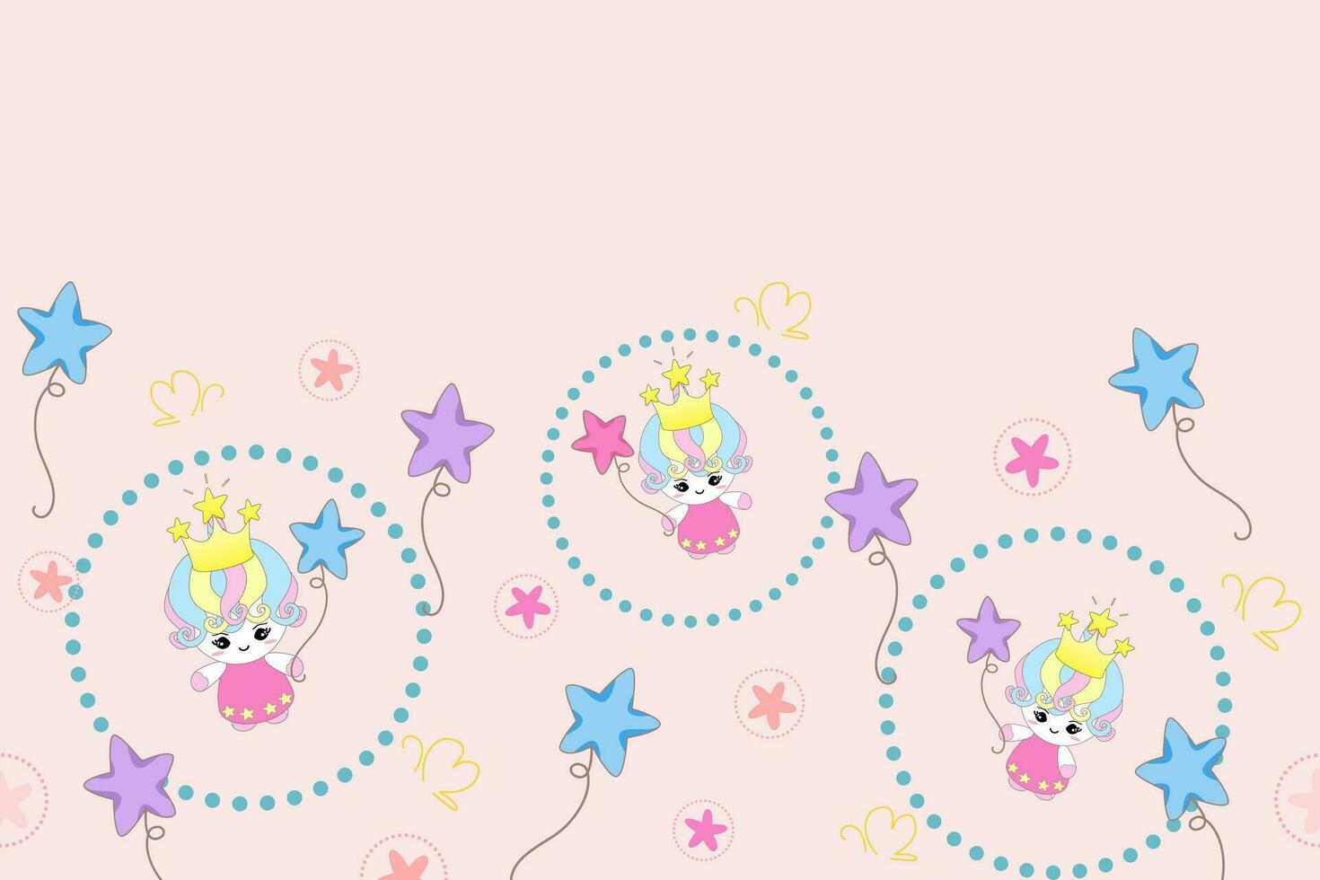 Principessa unicorno bambino con stella palloncini modello senza soluzione di continuità vettore illustrazione.