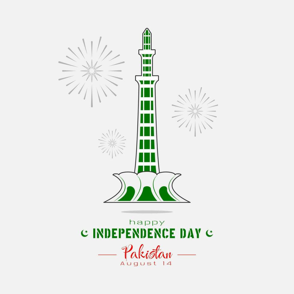 contento Pakistan indipendenza giorno saluti con Pakistan Torre e fuochi d'artificio vettore