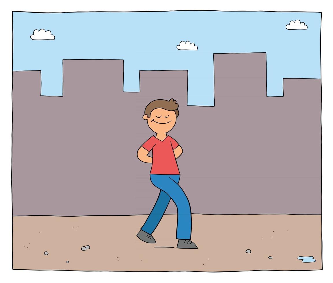 cartone animato uomo cammina da solo sulla strada vuota ed è felice illustrazione vettoriale