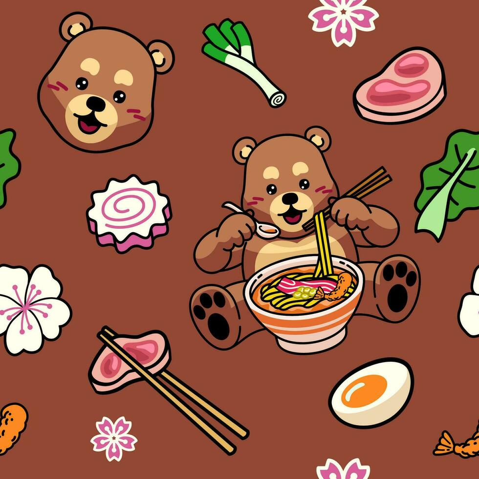 senza soluzione di continuità sfondo di carino anime orso mangiare ramen vettore