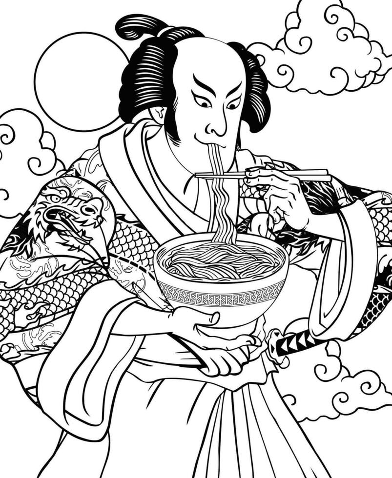 nero e bianca di adulto colorazione pagina di un' uomo mangiare ramen nel ukiyo e stile vettore