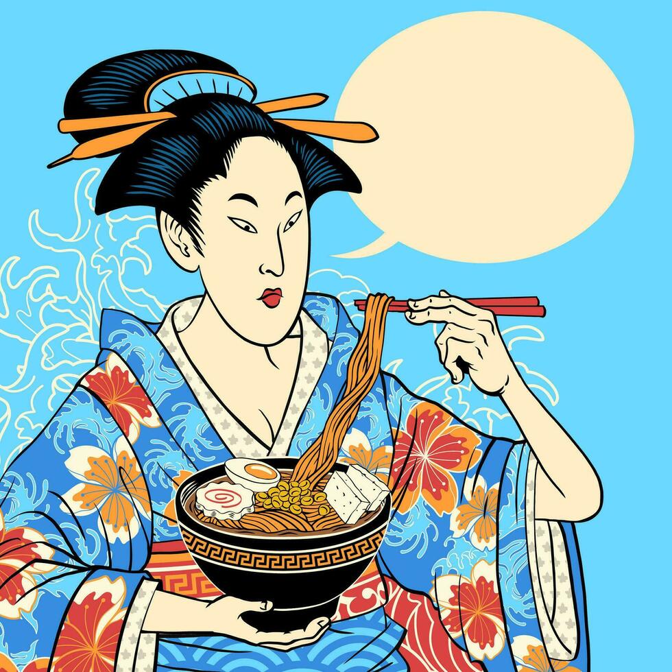 illustrazione di giapponese geisha nel chimono mangiare ramen manifesto vettore